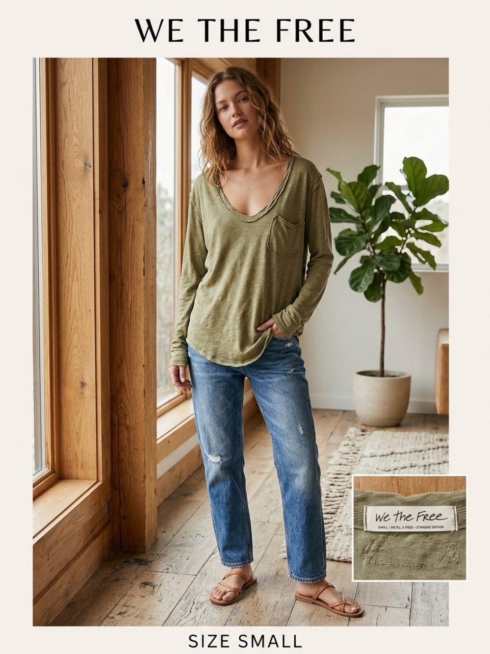 We The Free Olive Green Long-Sleeve Scoop Pocket Top